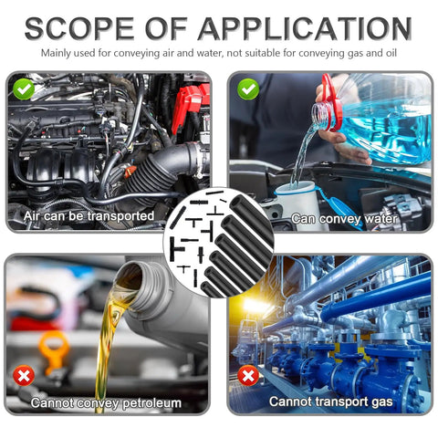 Comparison of applications for the All In One Vacuum Line Kit With Six Five-Foot Hoses And 113 Connectors, Silicone Vacuum Tubing For Car Piping System, Auto Replacement Hoses Up To 130 PSI, showing suitability for air and water transport, not for gas and oil.