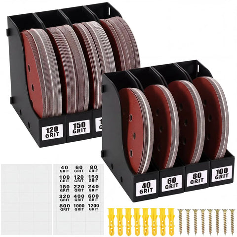 8 Pack Sandpaper Storage Organizer Boxes For 5 Inch Sanding Discs, Tool Storage Set With Grit Labels, Expansion Screws And Connectable Modular Rack Holds Up To 30 Discs Per Box Black