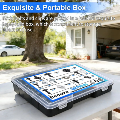 Shop Grade Auto Repair Fastener Assortment With 130 Pieces U Nut Clips Body Bolts Screws And Push Retainers For Bumper Fender Trim Panels No Drama Garage Essential Snap Tight Set in portable box on table.
