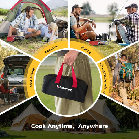 FoldGo Portable Butane Camping Stove With 7500 BTU Output Grab And Go Ready Foldable Cassette Stove With Carry Bag in outdoor settings