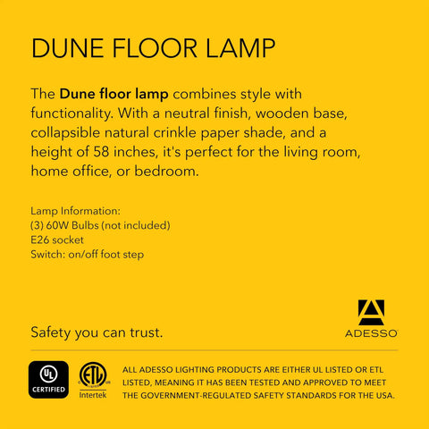 Product information card for the Three Light Floor Lamp With Natural Wood Base And Dimmable Brightness, Satin Steel Accents, Crinkle Paper Shade For A Cozy Bedroom, Lit Living Room Or Corner Decor In White.