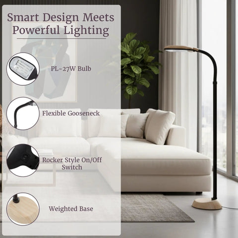 Adjustable Floor Lamp With Bendable Neck For Bedroom And Living Room, Full Spectrum Natural Sunlight LED Light displayed in a modern living room.