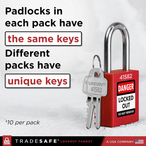 Red Lockout Padlocks Set Ten Keyed Alike With Two Keys Per Lock For Lockout Tagout Stations OSHA Compliant Premium Grade Use In Industrial Safety LOTO Ready For Everyday Use padlock with keys