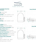 Diagram of Transolid electronic low profile bidet seat with hands free auto flush showing specifications for elongated models TE100, TE400.