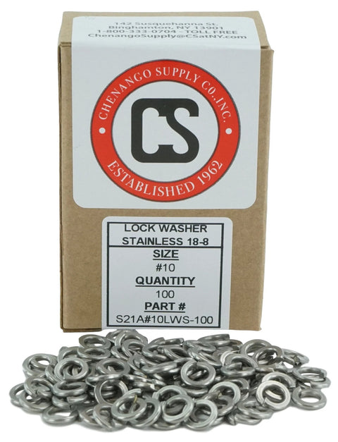 Front view of stainless #10 split lock washers, 18-8 stainless steel, 100 pcs in box