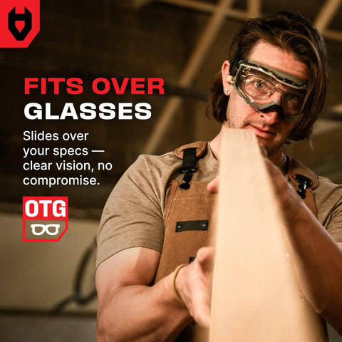 Person using Adjustable Lightweight Full Face Shield For 6X3 OTG Vented Safety Goggles Compatible ANSI Z87 1 Certified PPE.