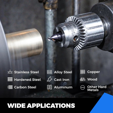 Rugged M35 Cobalt Center Drill Bit With TiAln Coating For Nailing Precise Starter Holes In Stainless Steel Cast Iron And Copper Number 3 Size drilling into metal with labeled applications.
