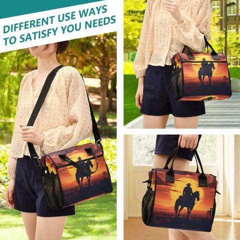 Cowboy Sunset Desert Insulated Cooler Bag for Lunch and Picnic with detachable strap displayed outdoors and indoors