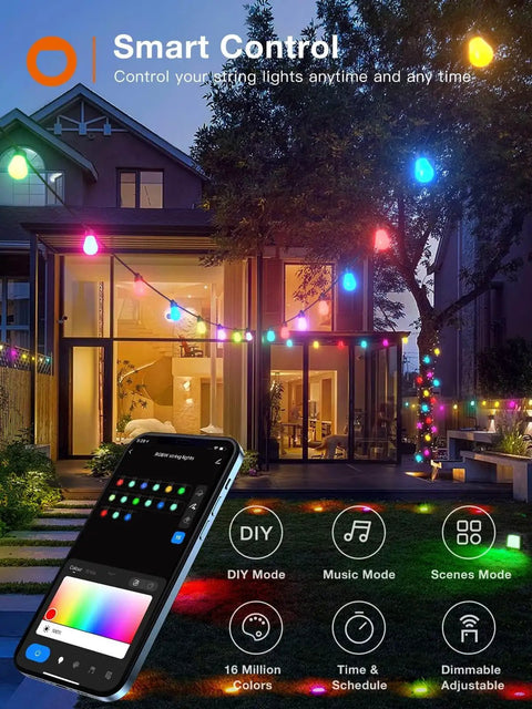 Smartphone app controlling 48 Ft Outdoor String Lights Dimmable With Remote And App Control Multicolor Waterproof Shatterproof LED Bulbs 15 Pack Smart RGB Patio Lighting That Works With Alexa For Backyard Vibes in backyard