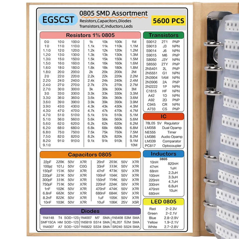 Extensive SMD Electronics Component Kit With 5600 Pieces Including 0805 Resistors 0 Ohm To 10 Megaohm 1 Percent Plus Capacitors Diodes Transistors ICs Inductors And LEDs for DIY Nerds And Makers chart