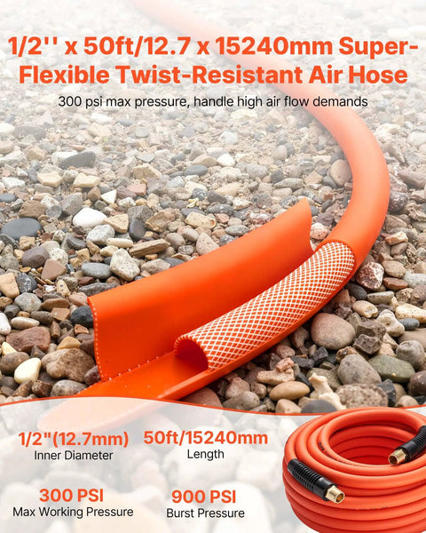 Heavy Duty 1/2 Inch by 250 Foot Air Hose, 300 PSI, Hybrid PVC Rubber Construction coiled on rocky ground, close-up of texture