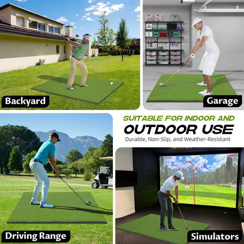 Ultra Thick 36mm Golf Mat 5x4ft Heavy Duty Hitting Mat For Indoor Outdoor Practice showing use in backyard, garage, driving range, simulators