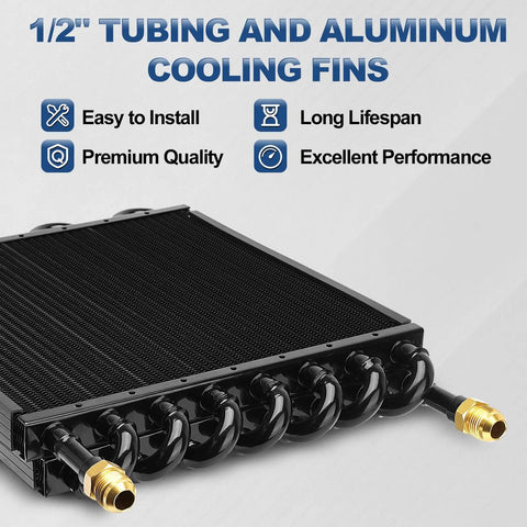 Sixteen Pass One Half Inch Transmission Cooler With Eight AN Tube Fin Aftercooler in black aluminum.