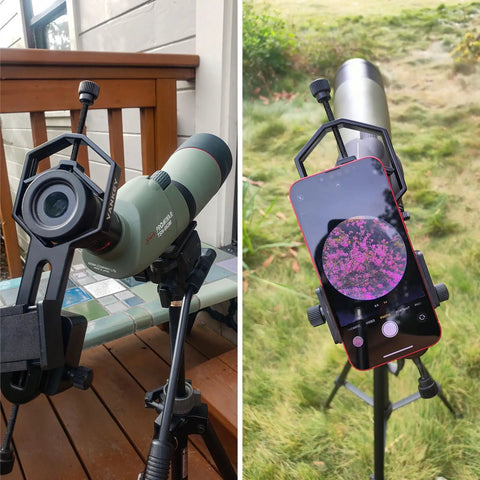 2 Axis Phone Scope Mount For Telescopes And Microscopes Universal Smartphone Adapter attached to spotting scope with iPhone