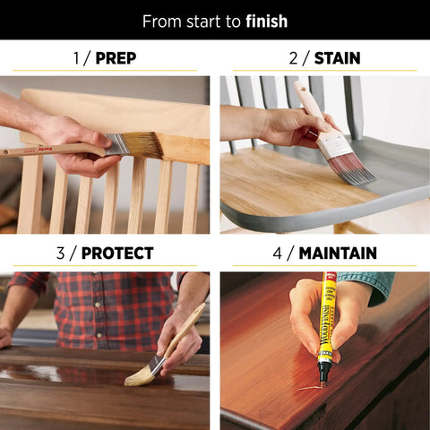 Illustration showing steps to finish wood: 1) Prep, 2) Stain, 3) Protect with sealant, 4) Maintain. Use Ultimate Floor Finish For Hardwood Floors 1 Gallon Clear Matte Sealant That Wont Amber Self-Crosslinking Water-Based Durable Protection For Light Wood Floors And Stains Easy Cleanup And Quick Dry for best results.