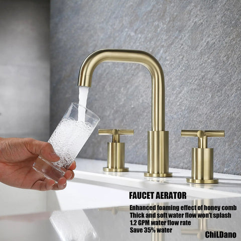 8 Inch Widespread Brushed Gold Bathroom Faucet With Two Handles For 3 Hole Sink Brass Construction With Pop Up Drain Included Tarnish Resistant Finish Easy Clean Modern 3 Hole Deck Mount Design flowing water into glass