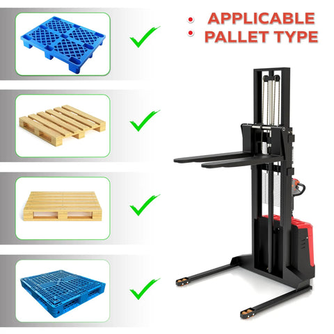 Rock Solid Electric Walkie Pallet Stacker And Integrated Stand crushes 3300 lb loads with various pallet types shown.