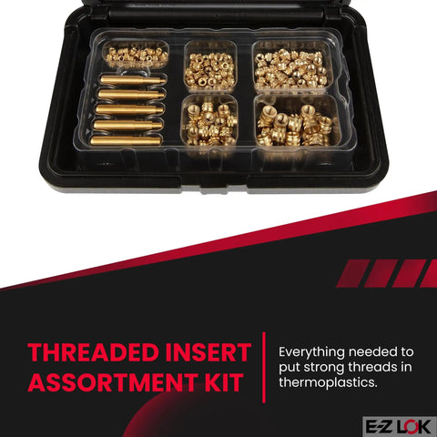 Ultrasonic Threaded Inserts For Plastic Kit With Heat Set Thread Inserts, Metric M2.5 To M6, Tapered Single Vane, Post Molding Installation In Thermoplastics, Includes Tips For Quick Press In Installation Tips Included