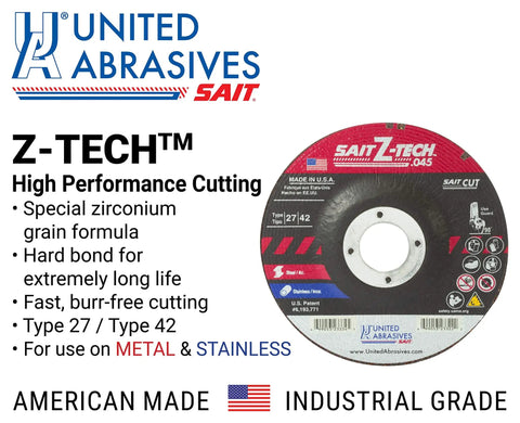 Z Tech High Performance Cut Off Wheels 4 1/2 Inch By.045 Inch By 7/8 Inch Type 27 Type 42 Depressed Center 50 Pack displayed