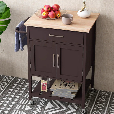 Slick Rolling Kitchen Island Cart With Dope Rubberwood Top And Quick Release Drawer Perfect Go To Coffee Bar Station With Deep Open Shelf And Convenient Towel Rack In Warm Honey Brown, featuring apples and coffee.