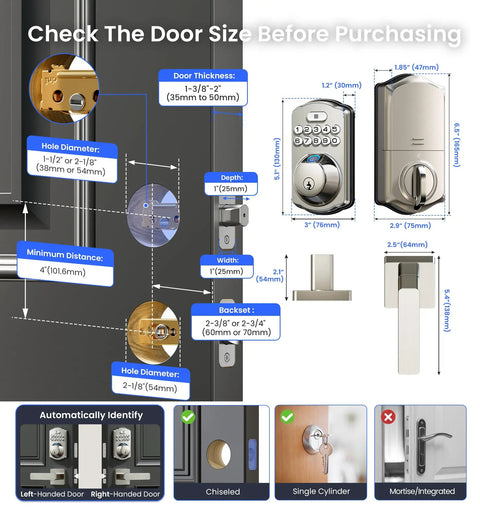 Dimensions and specifications for Smart Home Keyless Entry Digital Door Lock With Fingerprint Deadbolt and Handle Set.