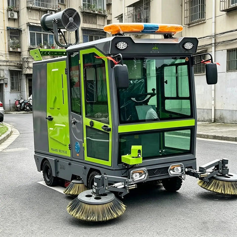 Brand New Ride On Industrial Floor Sweeper For Warehouses And Workshops Lightweight, heavy duty machine with brushes in urban setting.