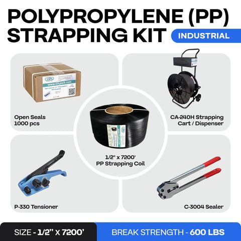 No Gimmicks Heavy Duty Half Inch Polypropylene Strapping Kit With 7200 Ft Roll Rated 600 Lb Break Strength Includes Hand Tensioner And 1000 Open Seals shown in kit setup.