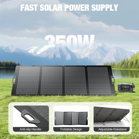 350W Portable Foldable Solar Panel With XT60 And Anderson Output for Power Stations, shown with mountains and lakeside