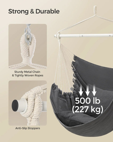 Cozy Hammock Chair With Two Cushions For Indoor Outdoor Lounging, Heavy Duty Steel Frame With Chains, Easy Install, 500 Lb Capacity