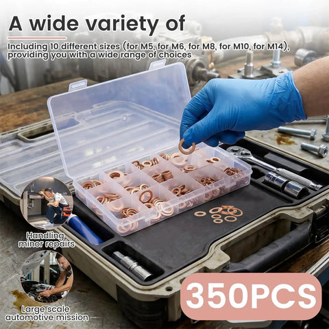 Must Have 350 Piece Copper Crush Washer Kit With M5 M14 Red Flat Rings For Oil Drain Plugs Brake Lines Banjo Bolts Marine Hydraulic Plumbing Stop Leaks With This Set For Car Truck Repairs Rock Solid Seals And Performance For DIYers And Pros, 350pcs in case