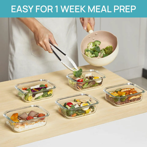 Person preparing meals in 5 Pack 22oz Glass Meal Prep Containers With Snap Airtight Lids Microwave Oven Freezer And Dishwasher Safe Glass Storage