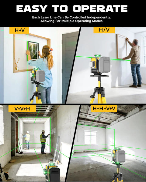 Green Laser Level With Tripod 4D 360 Degree Self Leveling Line Laser For Construction And Tile Work Indoor Renovation 16 Lines Pro Grade High Visibility Beam Accurate Plumb And Level Tool Only Works With DeWalt 20V Battery, shown in four modes