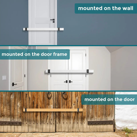 Heavy Duty Adjustable Door Barricade Brackets Forged From Solid Steel To Firmly Lock Down Any Interior Door images mounted on wall, door frame, and door.