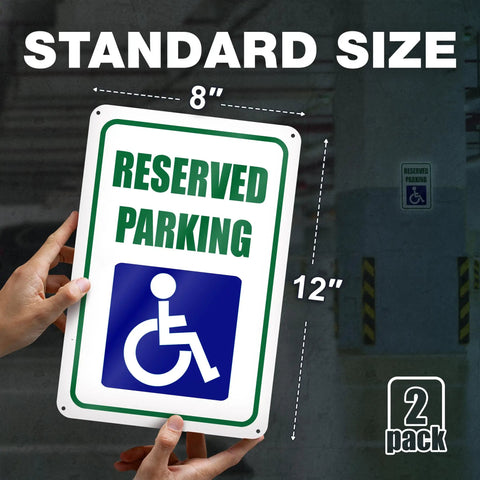 Reserved Handicap Parking Signs 8x12 Inches Reflective Aluminum 2 Pack, angled sign showing reserved parking and wheelchair symbol