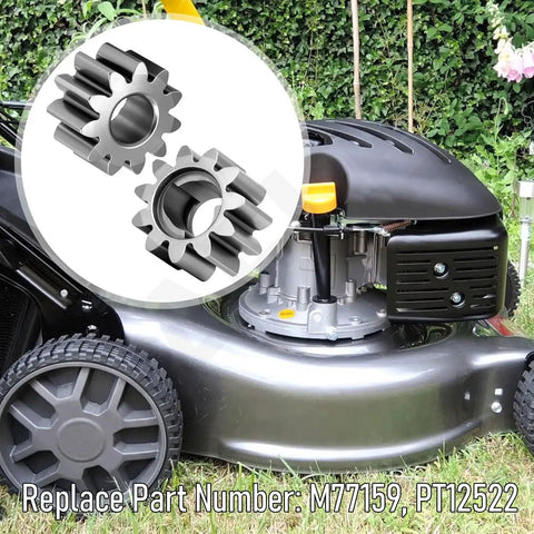 Premium Pinion Set Kit Replacement For John Deere Walk Behind Mowers Includes Rock Solid Gears, showing two pinion gears and mower.