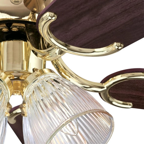 Contempra IV Indoor Ceiling Fan With Light, 52 Inch, Brass Finish, Reversible Walnut Blades, LED Light Kit With Clear Ribbed Glass detail
