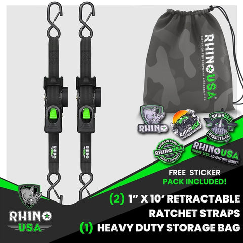 Heavy Duty Retractable Ratchet Straps 1 Inch X 10 Feet 2 Pack Black Lock Down Flatbed Cargo And Bike Trailer Gear Without A Fuss featured with storage bag and stickers.