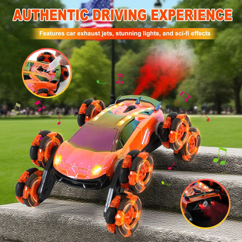 QPOU 8-wheel RC stunt car toy with orange body and LED lights for kids