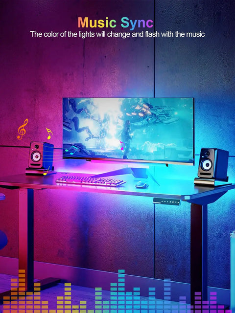 Monitor Down Light Bar RGB Desk Light for PC Setup With Dynamic Rainbow LEDs illuminating gaming desk with music sync feature