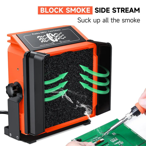 Solder Smoke Absorber Kit With Tiltable Fume Extractor capturing soldering fumes on workbench.