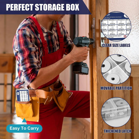 Storage box with movable partition and clear size labels; thickened latch and easy-to-carry design.