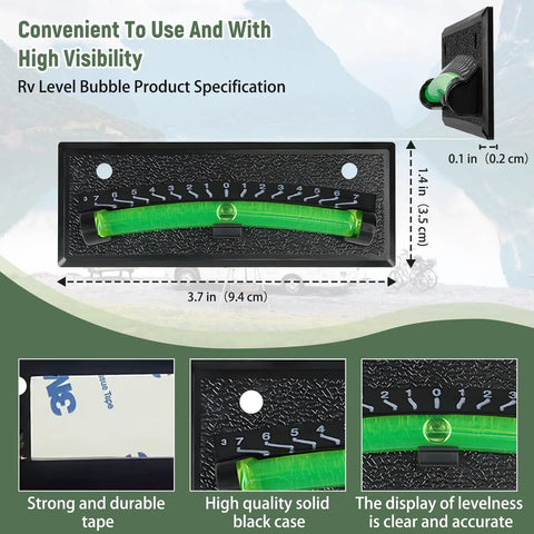 Heavy Duty RV Sight Glass Levels 2 Pack Camper Trailer Tilt Gauge Kit showing green fluid tube and clear markings for accurate readings.