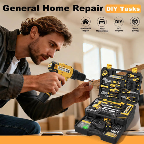 Heavy Duty 299 Piece Tool Kit With 12V Cordless Drill And Spacious Sliding Drawer Case showing a man using the drill for DIY tasks.