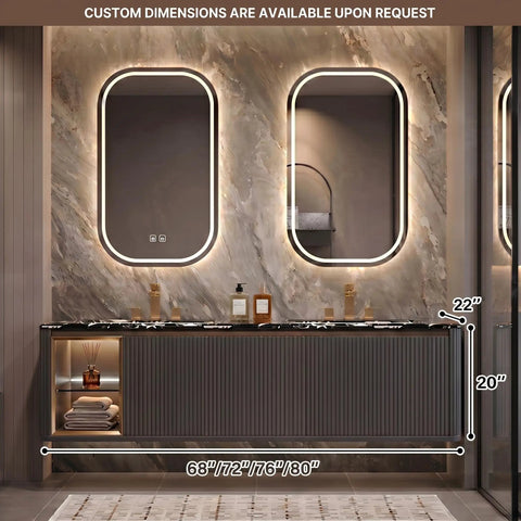 80 Inch Double Sink Bathroom Vanity Featuring Two Smart Mirrors Plus A Luxurious Stone Top with measurements displayed.