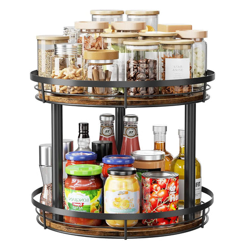 Top Tier Heavy Duty Rustic Lazy Susan Turntable With Smooth Spin Rotating Spice Rack And Reinforced Metal Frame Sturdy Pantry Seasoning Organizer For Kitchen Cabinet Setup filled with jars and bottles.
