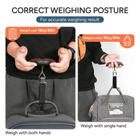 Correct weighing posture for the Portable Digital Luggage Scale For Travelers Keep Suitcases Baggage Fee Free And Make Boarding A Breeze Every Time A Solid Ace In The Bag For Airport Weight Checks With One Hundred Ten Pound Max Capacity And Slim Profile.