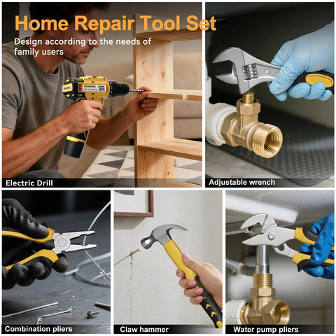 Heavy Duty 299 Piece Tool Kit With 12V Cordless Drill And Spacious Sliding Drawer Case Pack Your Truck Or Shop With Sick Gear This Hella Solid Diy Setup Will Crush Everyday Fixes, featuring electric drill, adjustable wrench, combination pliers, claw hammer, and water pump pliers.