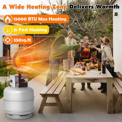 People enjoying outdoor dinner with Portable 15000 BTU Propane Heater For Outdoor Use With Three Adjustable Modes And Safety Shut Off Valve Ideal For Patio Camping Fishing And Garage Great For Patios And Campouts All Weather Durability