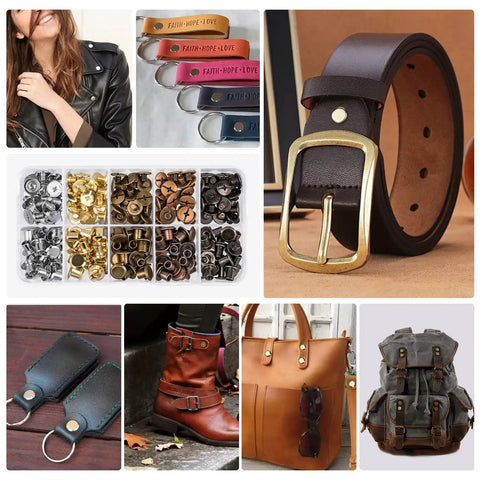Straight-Up Chicago Studs Leather Crafting Kit With Heavy-Duty Punch Tools And Precision Screwdrivers And 100 Piece Multi-Color Binding Screw Set For Badass Diy Projects including leather belt, various screws, and accessories.