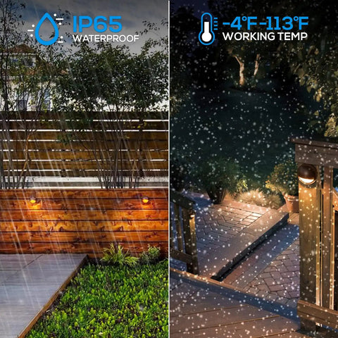 Low Voltage LED Deck Lights Set For Outdoors, 170 Lumen 4.09 Inch Landscape Step Rail Fence Lighting installed in snow and rain.